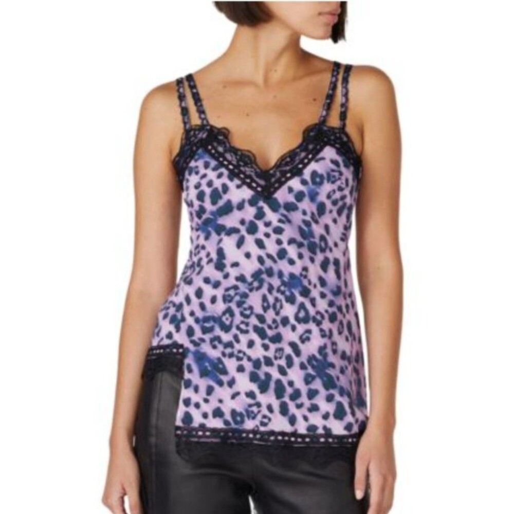 Koche Collective Leopard Camisole Top Asymmetric Lace Trim Purple Black Size 42